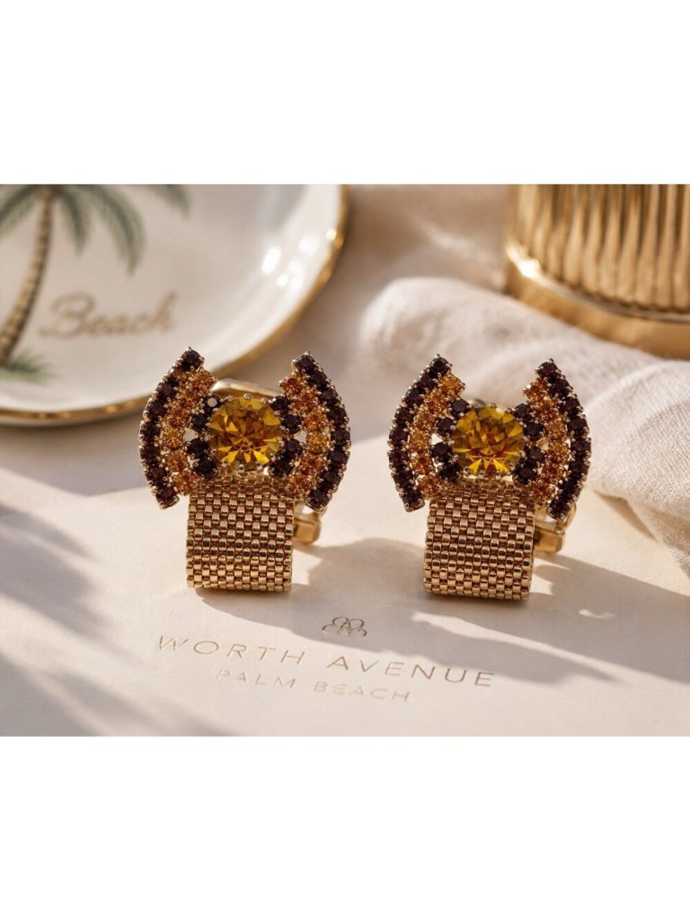 Vintage Amber Rhinestone Wrap Mesh Cufflinks Gold Tone Mid Century Atomic Mod